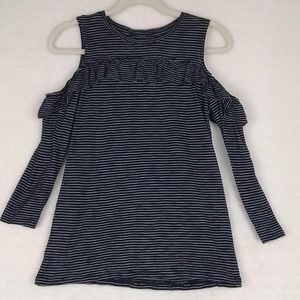 LOFT Cold Shoulder Top Women's‎ Size XSmall in Black White Strip w/ Ruffle